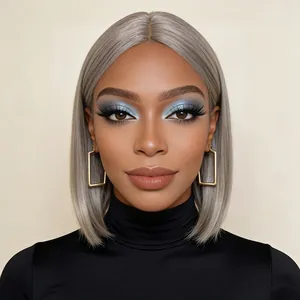Front view of a sleek silver-grey shoulder-length bob wig with natural-looking synthetic hair