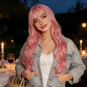 Women Long Wavy Synthetic Wig With Air Bangs Heat Resistant Colorful Full Head Cover For Lolita Cosplay Party Daily Wear