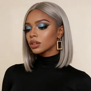 Chic silver grey bob wig with bangs, sleek shoulder-length synthetic hair for women