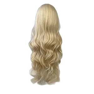 Long wavy light blonde wig for women featuring center part curls in a sleek style