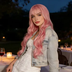 Long wavy pink wig with bangs for women featuring high-quality heat-resistant fibers