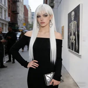 Long straight platinum white wig with bangs styled on a model in urban street setting
