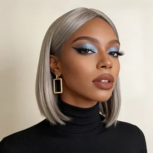 Elegant silver grey short bob wig for women with professional styling on female model