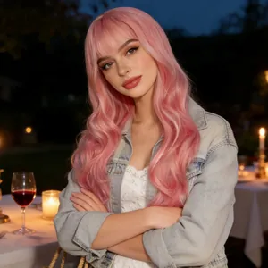 Detail of light pink long wavy wig with flat bangs on a model in an elegant outdoor setting