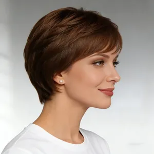 Short layered brown bob wig with side-swept bangs for women, natural synthetic hair piece