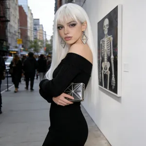 Long straight white wig with bangs paired with an elegant black off-shoulder dress