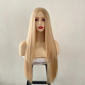Detailed close-up of long straight blonde hair wig with center part on model