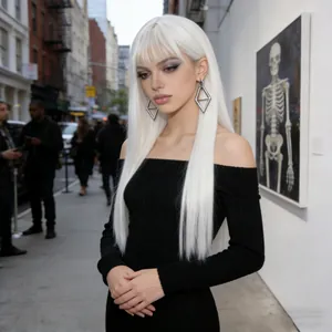 Fashionable long straight white wig with bangs styled on a model in urban street setting