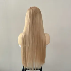 Rear view of long straight platinum blonde synthetic hair wig reaching waist length