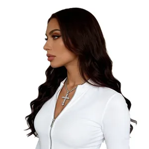 Silver cross pendant necklace with clear crystals worn by model in white sporty jacket