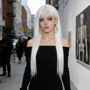 Detail of long straight white hair wig with air bangs on model in urban street setting