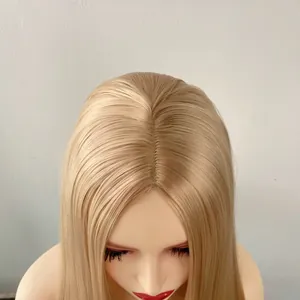 Detailed close-up showing the realistic middle part seam of the long blonde straight wig