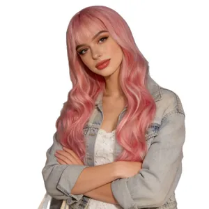 Long wavy pink wig with bangs for women, high-quality heat resistant fiber cosplay hairpiece