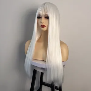 Detail of long straight white synthetic wig with flat bangs on a realistic mannequin
