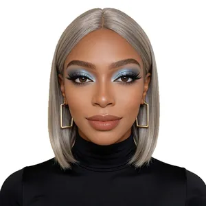 Chic silver grey short straight bob wig for women with middle part and shoulder length cut