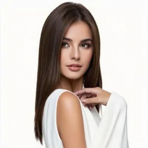 Medium length straight dark brown wig with middle part for women on white background