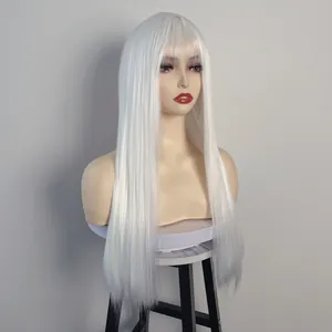 Detail of smooth white long straight synthetic wig with blunt bangs on model head