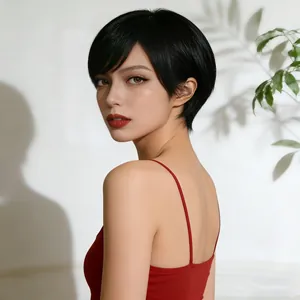 Fashionable black short pixie cut wig with side-swept bangs for a natural stylish look