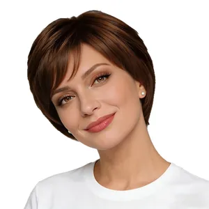 Short chestnut brown pixie cut bob wig with side-swept bangs for a natural look