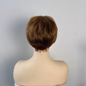 Detailed back view of short brown curly wig with layered texture on a mannequin