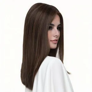 Women's long straight dark brown synthetic wig with center part and smooth texture