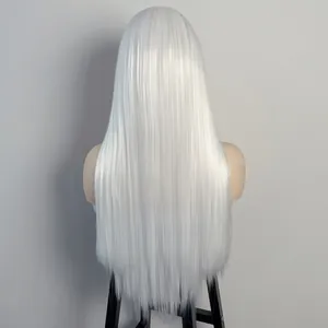 Detailed back view of long straight white hair wig with V-shaped cut and smooth texture
