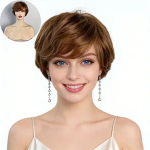Women Fashion Short Curly Wig Synthetic High Temperature Fiber Natural Fluffy Layered Pixie Cut Light Brown Daily Hair For Women