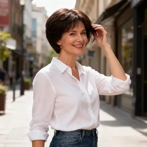 Elegant white long sleeve button-up shirt paired with blue jeans in a street style setting