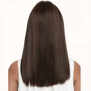 Rear view of sleek dark brown long straight synthetic wig showing smooth texture
