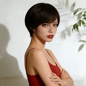 Short dark brown pixie cut synthetic wig with side-swept bangs for women