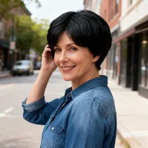 Short layered black bob wig with natural bangs shown in an outdoor lifestyle setting