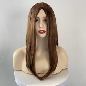 Front view of long straight brown wig with middle part on mannequin head stand