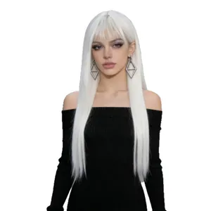 Long straight pure white wig with air bangs, heat resistant synthetic hair for women