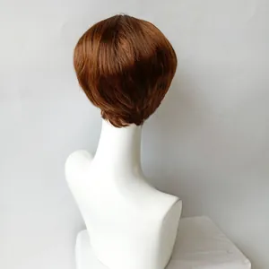 Rear view of sleek reddish-brown short bob wig on a mannequin with smooth hair texture