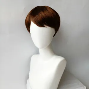 Detail view of dark brown short synthetic wig with side swept bangs on a white model head