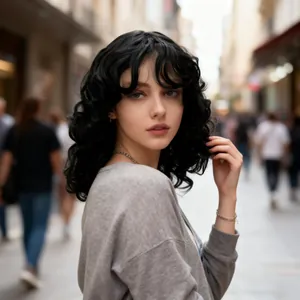 Parrucca lunga riccia nero profondo con texture a onde naturali da donna all'aperto