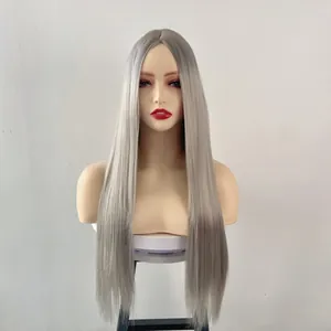 Detailed front view of silver grey long straight synthetic wig with middle part styling