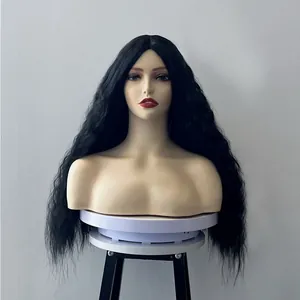 Detailed view of long black synthetic wig with curly corn wave texture on a model stand