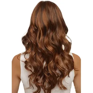Rear view of long wavy brunette wig with natural highlights and soft glossy texture