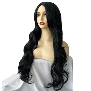 Parrucca lunga nera ondulata per donna con riga centrale e onde naturali eleganti