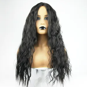 Long wavy black synthetic wig for women with stylish corn wave curls on a mannequin