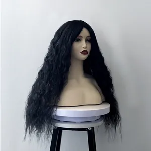 Detailed view of 26-inch natural black corn wavy long synthetic hair wig on mannequin