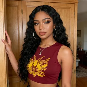 Κοντινό πλάνο σε μπορντό αμάνικο crop top με κίτρινο γραφικό σχέδιο και αξεσουάρ