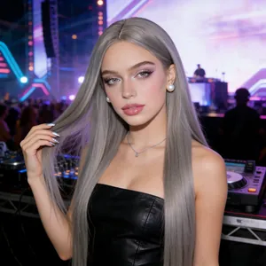 Long straight silver grey synthetic wig for women with center part for party styling
