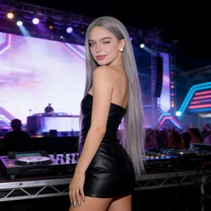 Sleek long straight silver gray wig for women, festival style waist length synthetic hair