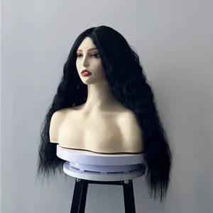 Detail of a 26-inch black long wavy wig with a natural middle part on a model head