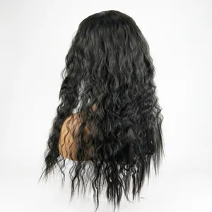 Back view of 24-inch long black wavy wig with corn wave texture on a mannequin