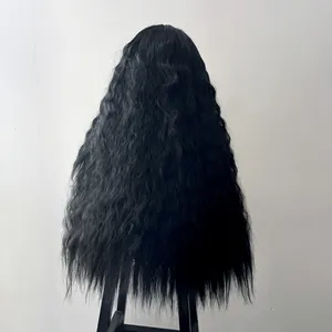 Back view detail of long black corn wave wig showing dense curly texture and volume