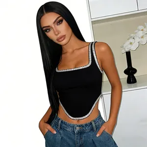 Haut corset noir pour femme avec bordure en strass et ourlet pointu en os de poisson