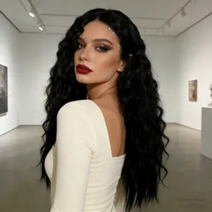 Elegant long black wavy corn wave wig for women with natural shine and dense texture